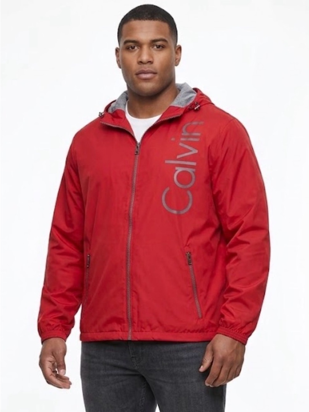 Calvin Klein Reversible Full-Zip Hooded Windbreaker Jacket Red Gray XL A41